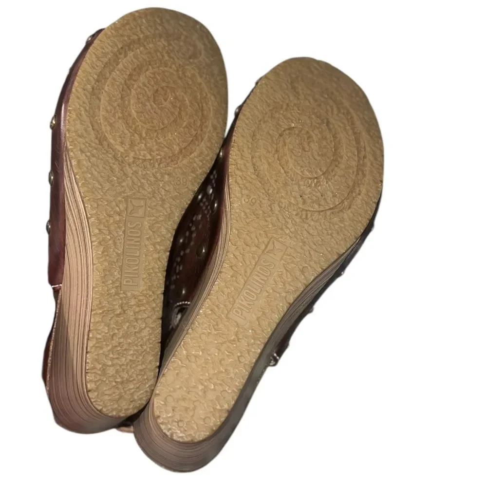 Pikolinos Brown Leather Wedge Sandals EU 39 Perforated Slingback Comfort Shoes